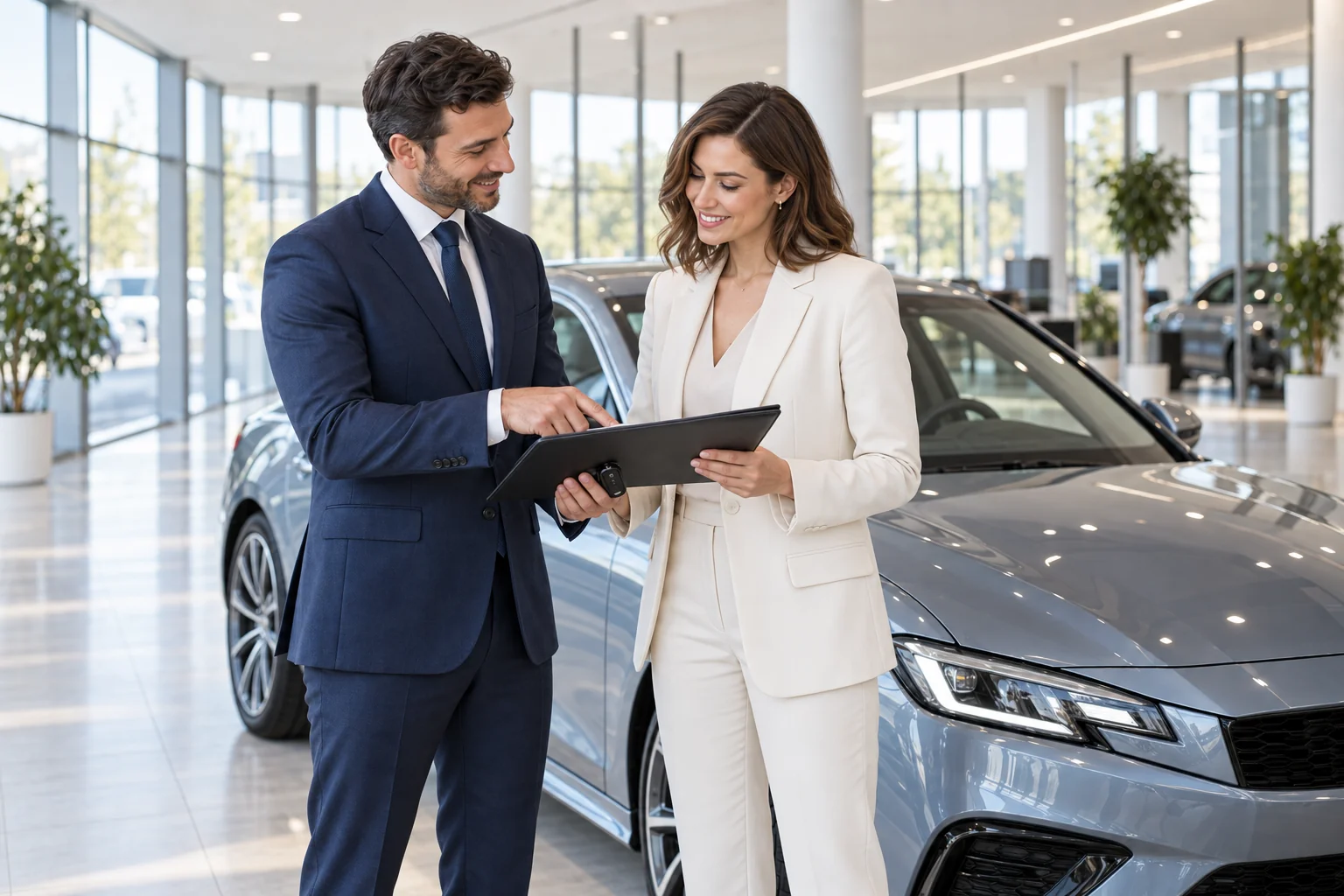 Un consulente illustra i documenti di consegna a una cliente, entrambi in abiti eleganti accanto all’auto nello showroom
